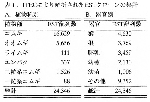 表1.ITECにより解析されたESTクローンの集計