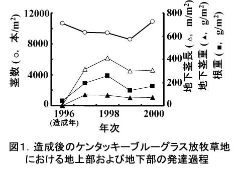 図1.造成後のケンタッキーブルーグラス放牧草地における地上部および地下部の発達過程