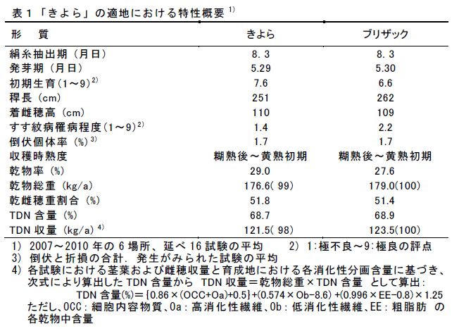 表1「きよら」の適地における特性概要