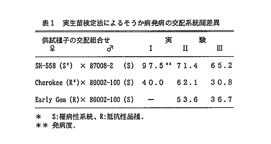 表1 実生苗検定法によるそうか病発病の交配系統間差異