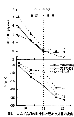 図1.コムギ品種の耐凍性と冠部水分量の変化