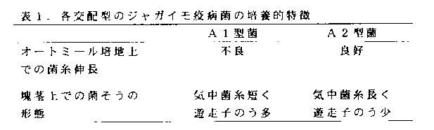 表1.各交配型のジャガイモ疫病菌の培養的特徴