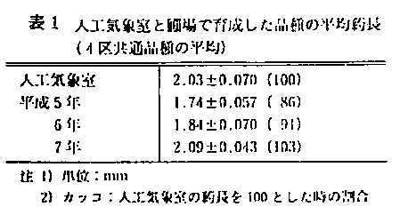 表1 人工気象室と圃場で育成した品種の平均葯長