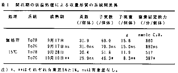 表1 開花期の低温処理による収量形質の系統間差異