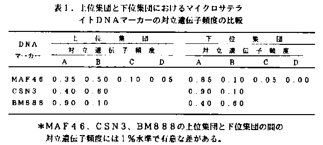 表1 上位集団と下位集団におけるマイクロサテライトDNAマーカーの対立遺伝子頻度の比較