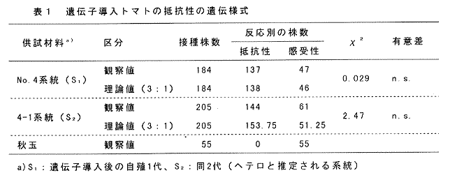 表1.遺伝子導入トマトの抵抗性の遺伝様式