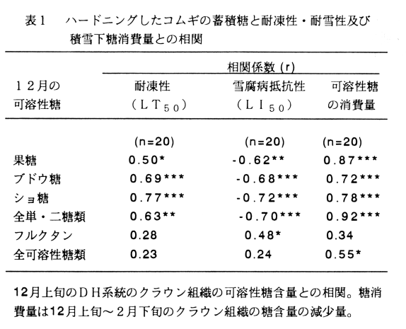 表1 ハードニングしたコムギの蓄積糖と耐凍性・耐雪性及び積雪下糖消費量との相関