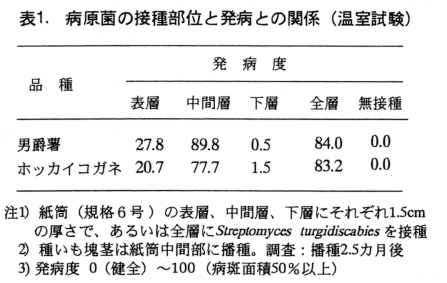 表1 病原菌の接種部位と発病との関係