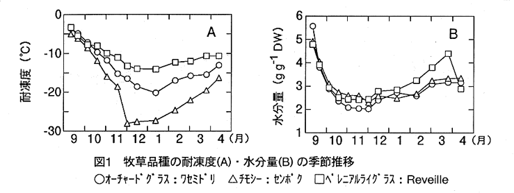 図1.牧草品種の耐凍土(A)・水分量(B)の季節推移