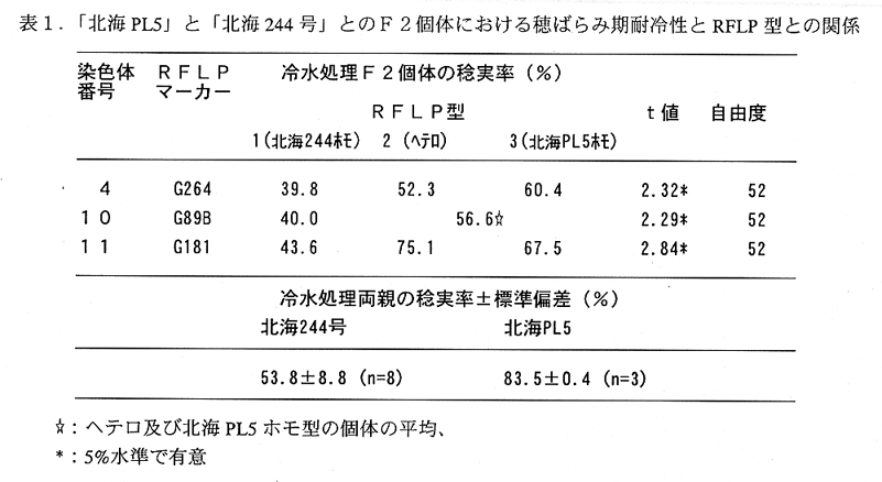 表1.「北海PL5」と「北海244号」とのF2固体における穂ばらみ期耐冷性とRFLP型との関係