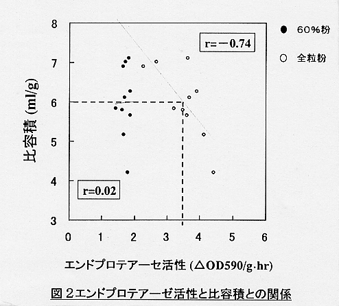 図2.エンドプロテアーゼ活性と比容積との関係