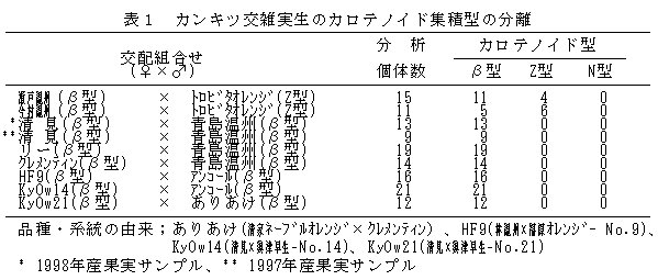 表1 カンキツ交雑実生のカロテノイド集積型の分離