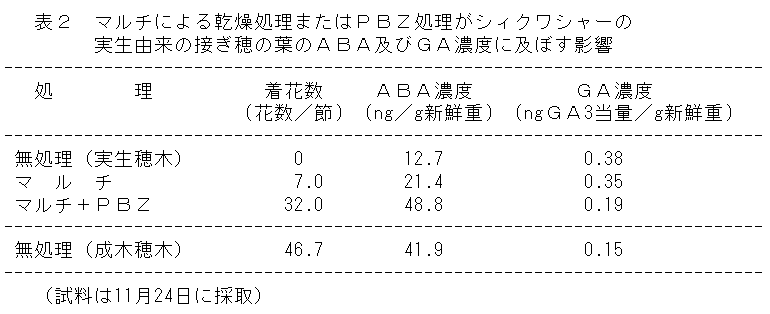 表2 マルチによる乾燥処理またはPBZ処理がシィクワシャーの実生由来の接ぎ穂の葉のABA及びGA濃度に及ぼす影響