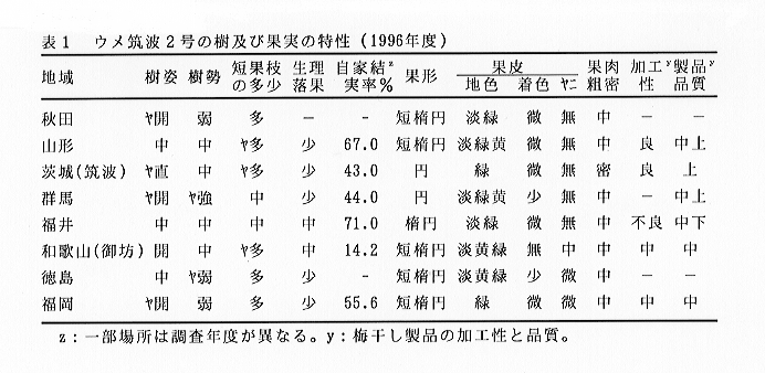 表1 ウメ筑波2号の樹及び果実の特性