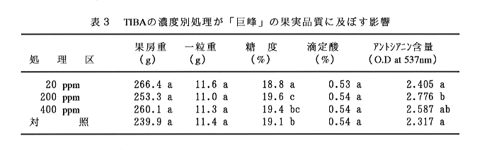 表3 TIBAの濃度別処理が「巨峰」の果実品質に及ぼす影響