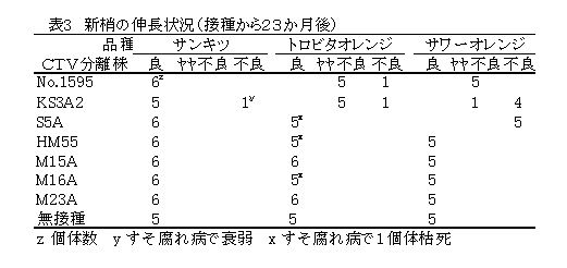 表3.新梢の伸長状況(接種から23か月後)