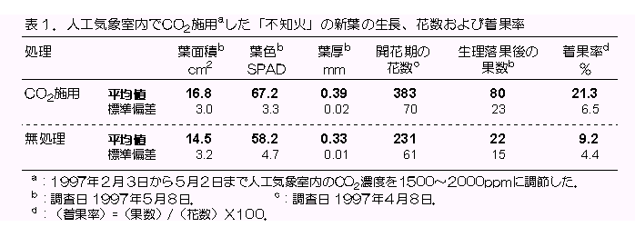 表1 人工気象室内でCO2施用した「不知火」の新葉の生長、花数および着果率