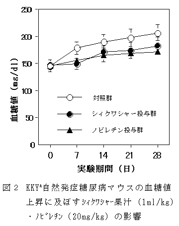 図2 KKY自然発症糖尿病マウスに血糖値上昇に及ぼすシィクワシャー果汁(1ml/kg)・ノビレチン(20mg/kg)の影響