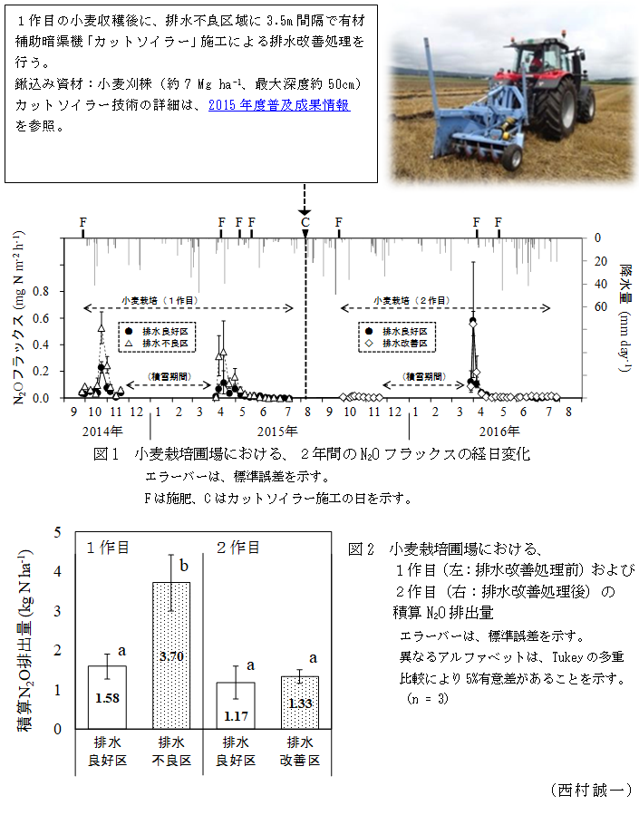 図1 小麦栽培圃場における、2年間のN2Oフラックスの経日変化,図2 小麦栽培圃場における、1作目(左:排水改善処理前)および2作目(右:排水改善処理後)の積算N2O排出量