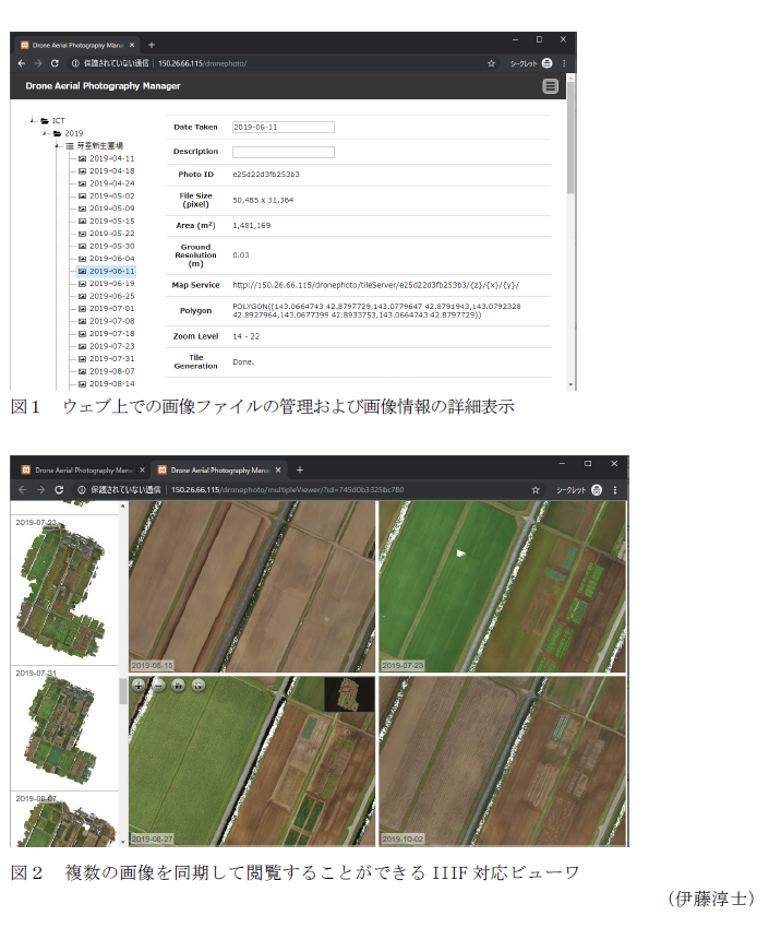 図1 ウェブ上での画像ファイルの管理および画像情報の詳細表示,図2 複数の画像を同期して閲覧することができるIIIF対応ビューワ