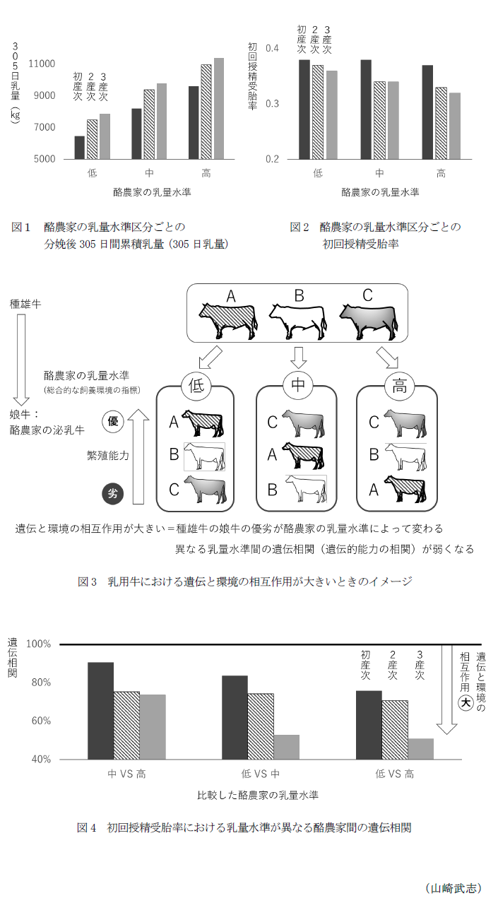 図1 酪農家の乳量水準区分ごとの分娩後305日間累積乳量,図2 酪農家の乳量水準区分ごとの初回授精受胎率,図3 乳用牛における遺伝と環境の相互作用が大きいときのイメージ,図4 初回授精受胎率における乳量水準が異なる酪農家間の遺伝相関