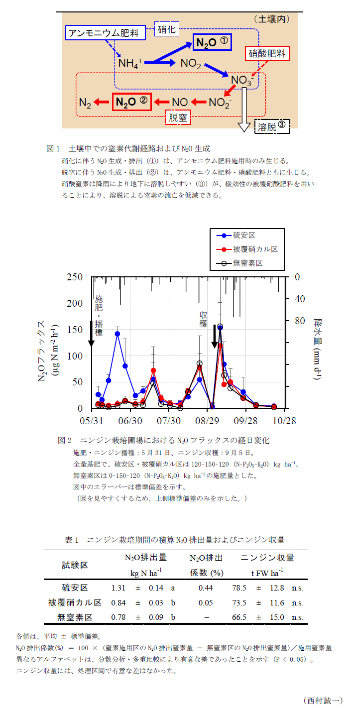 図1 土壌中での窒素代謝経路およびN2O生成,図2 ニンジン栽培圃場におけるN2Oフラックスの経日変化,表1 ニンジン栽培期間の積算N2O排出量およびニンジン収量