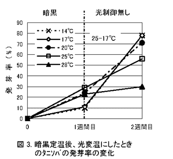 図3.暗黒定温後、光変温にしたときのタニソバの発芽率の変化