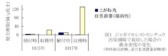 図1.ジャガイモシストセンチュウ汚染圃場で栽培した場合の線虫密度の変化