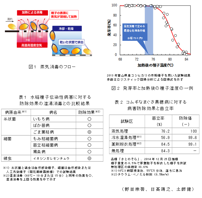 図1 蒸気消毒のフロー;図2 発芽率と加熱後の種子温度の一例;表1 水稲種子伝染性病害に対する
防除効果の温湯消毒との比較結果;表2 コムギなまぐさ黒穂病に対する病害防除効果と苗立率