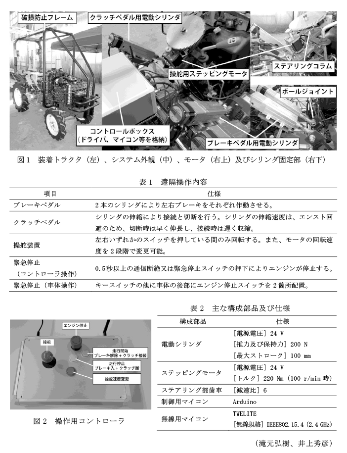 図1 装着トラクタ(左)、システム外観(中)、モータ(右上)及びシリンダ固定部(右下),表1 遠隔操作内容,図2 操作用コントローラ,表2 主な構成部品及び仕様