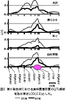 図2 第6染色体における食味関連形質のQTL解析有為水準をLODとした