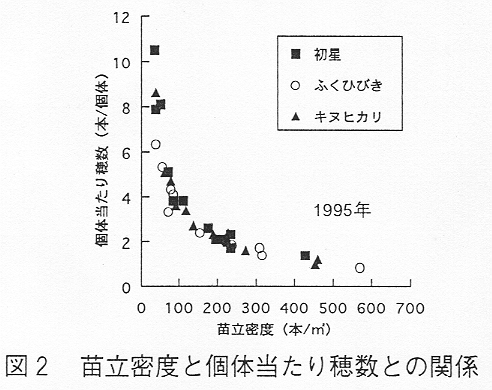 図2 苗立密度と個体当たり穂数との関係