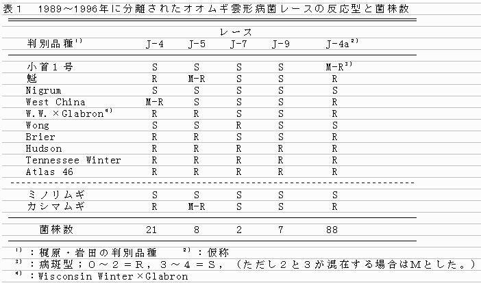 表1 1989年～1996年に分離されたオオムギ雲形病菌レースの反応型と菌株数