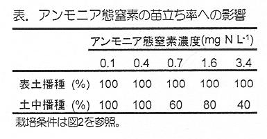 表 アンモニア態窒素の苗立ち率への影響