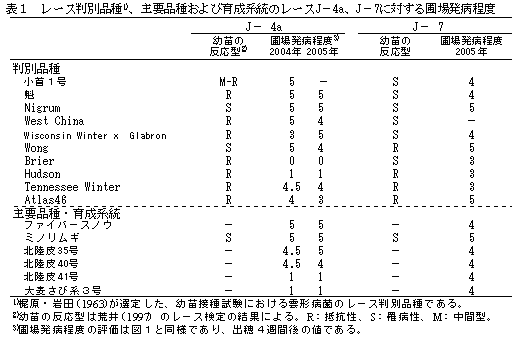 表1 レース判別品種、主要品種および育成系統のレースJ-4a、J-7に対する圃場発病程度