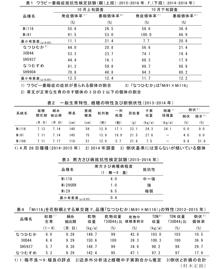 表1 ワラビー萎縮症抵抗性検定試験(親(上段):2015-2016年,F1(下段):2014-2016年)?表2 一般生育特性,雌穂の特性及び耐倒伏性(2013-2014年)?表3 南方さび病抵抗性検定試験(2015-2016年)?表4 「Mi116」を花粉親とする単交雑F1品種「なつひむか(Mi91×Mi116)」の特性(2012-2015年)