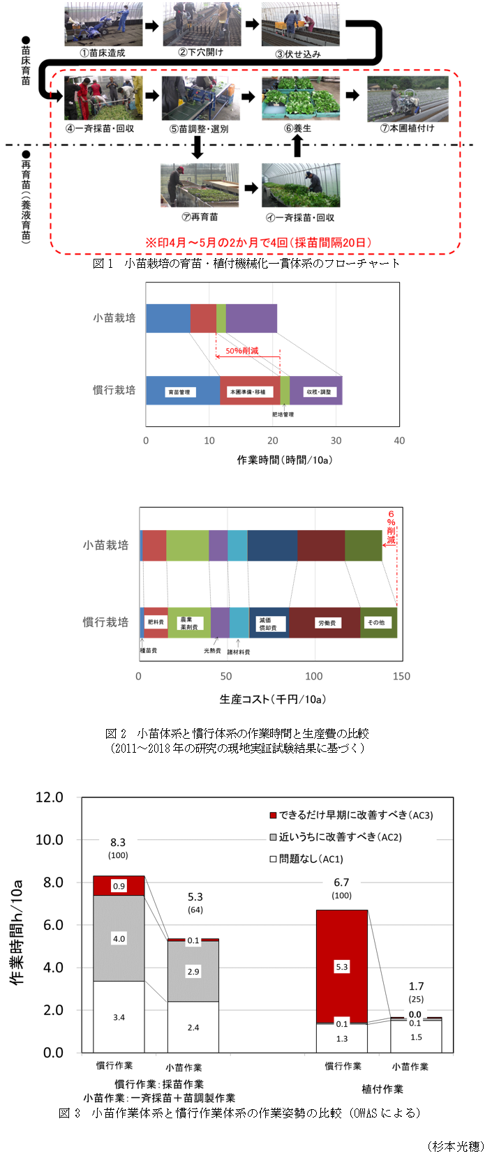 図1 小苗栽培の育苗・植付機械化一貫体系のフローチャート,図2 小苗体系と慣行体系の作業時間と生産費の比較(2011～2018年の研究の現地実証試験結果に基づく),図3 小苗作業体系と慣行作業体系の作業姿勢の比較(OWASによる)