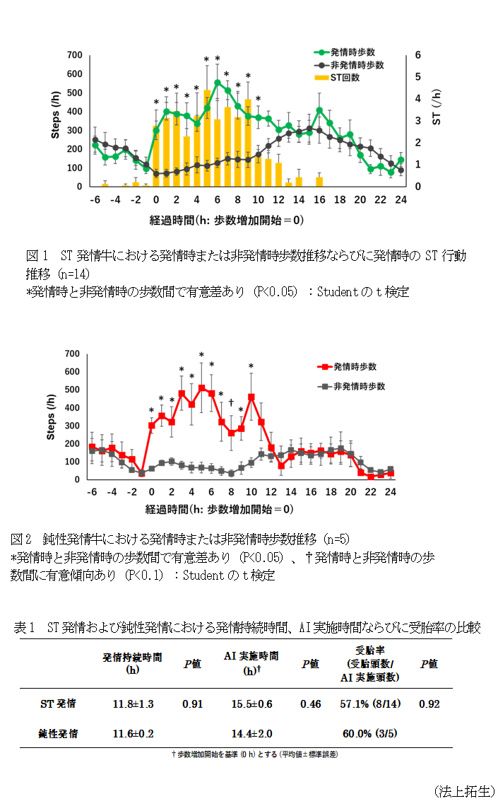 図1 ST発情牛における発情時または非発情時歩数推移ならびに発情時のST行動推移(n=14),図2 鈍性発情牛における発情時または非発情時歩数推移(n=5),表1 ST発情および鈍性発情における発情持続時間、AI実施時間ならびに受胎率の比較