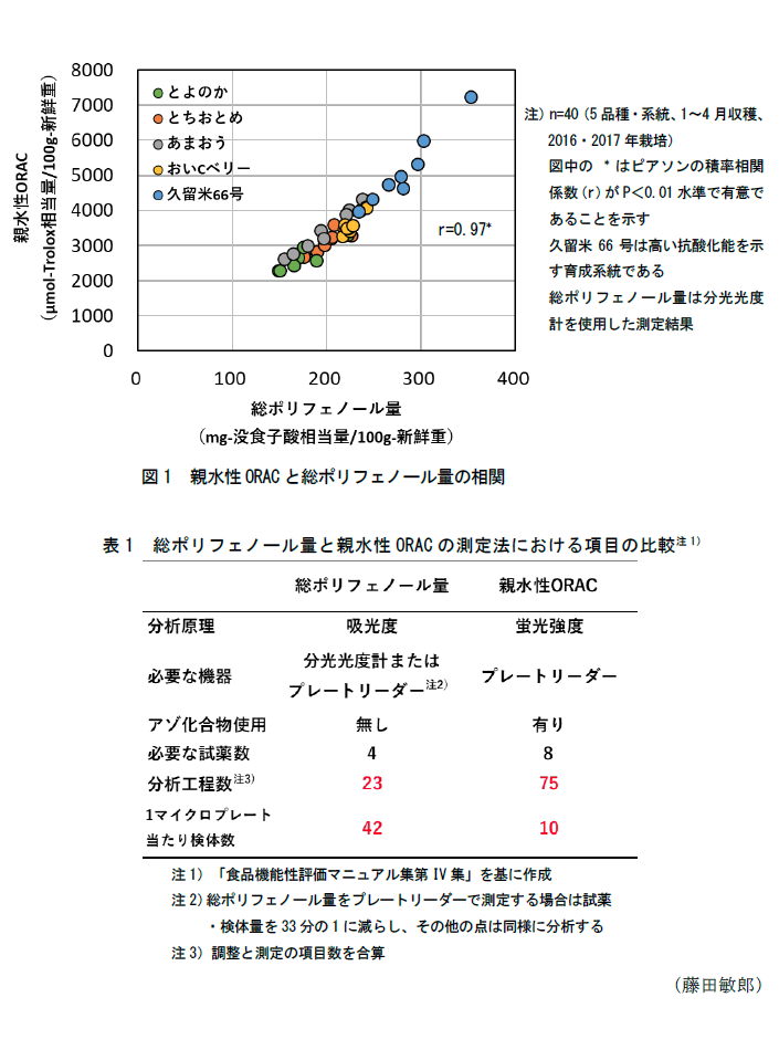 図1 親水性ORACと総ポリフェノール量の相関,表1 総ポリフェノール量と親水性ORACの測定法における項目の比較