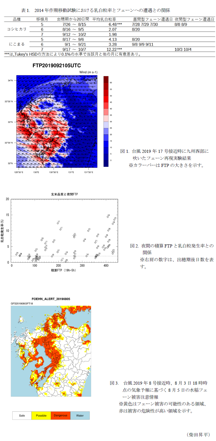 表1.  2014年作期移動試験における乳白粒率とフェーンへの遭遇との関係,図1. 台風2019年17号接近時に九州西部に吹いたフェーン再現実験結果,図2. 夜間の積算FTPと乳白粒発生率との関係,図3.  台風2019年8号接近時、8月3日18時時点の気象予報に基づく8月5日の水稲フェーン被害注意情報