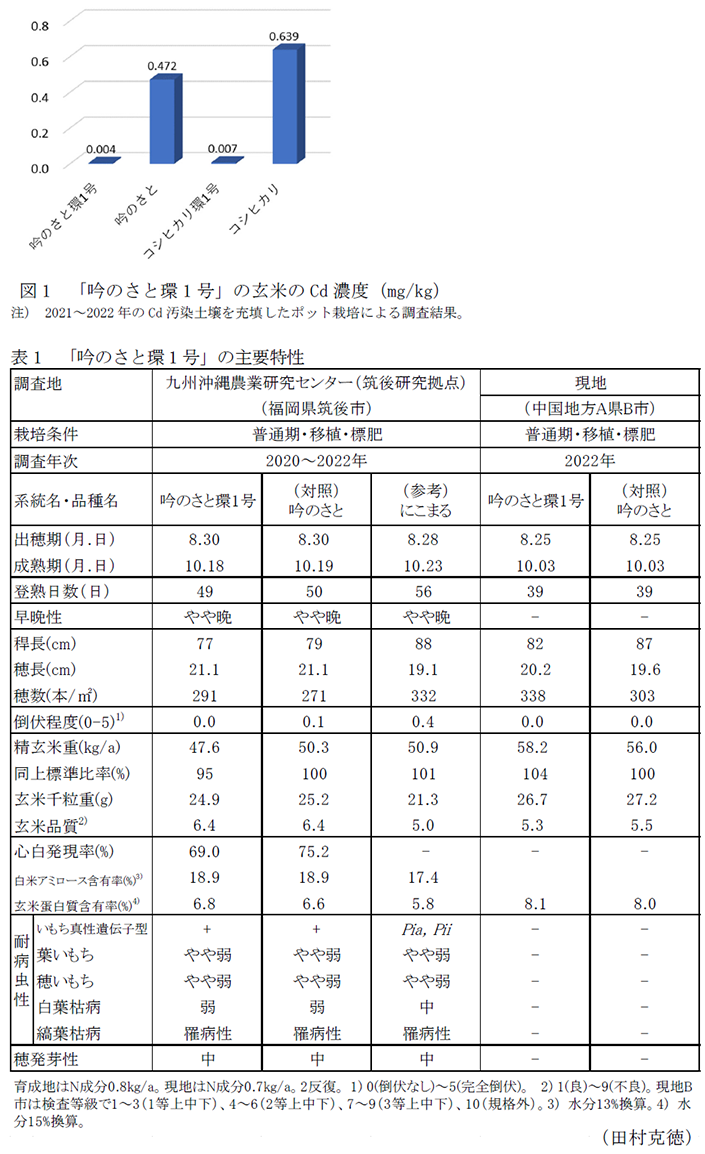 図1 「吟のさと環1号」の玄米のCd濃度(mg/kg),表1 「吟のさと環1号」の主要特性