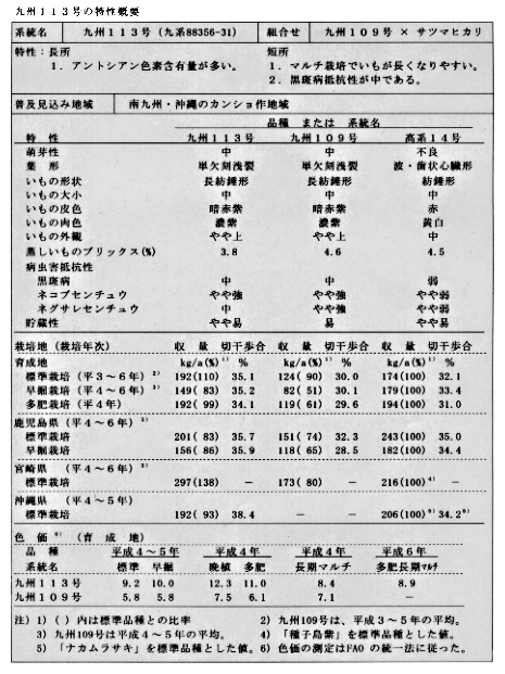 表 九州113号の特性概要