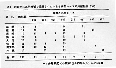表1 1994年に九州地域で分離されたいもち病菌レースの分離頻度