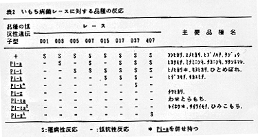 表2 いもち病菌レースに対する品種の反応