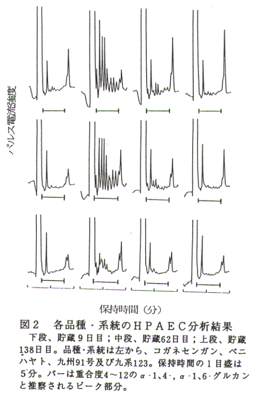 図2.各品種・系統のHPAEC分析結果
