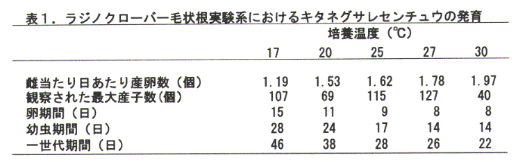 表1.ラジノクローバー毛状根実験系におけるキタネグサレンチュウの発育