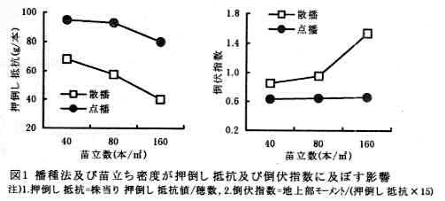 図1 播種法及び苗立ち密度が押倒し抵抗及び倒伏指数に及ぼす影響