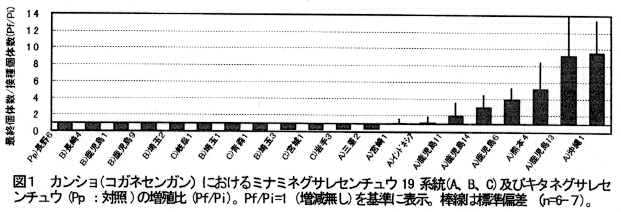 図1 カンショ(コガネセンガン)におけるミナミネグサレセンチュウ19系統(A、B、C)及びキタネグサレセンチュウ(Pp:対照)の増殖比(Pf/Pi)。