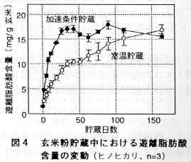 図4 玄米粉貯蔵中における遊離脂肪酸含量の変動(ヒノヒカリ、n=3)