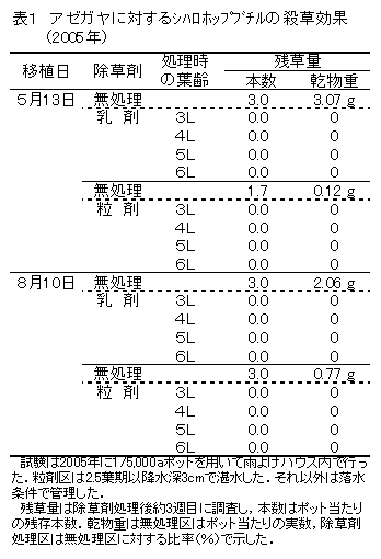 表1 アゼガヤに対するシハロホップブチルの殺草効果(2005年)